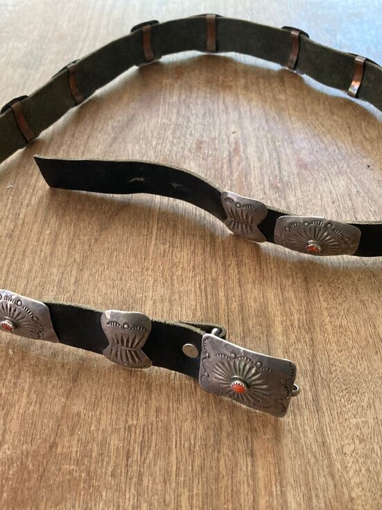 AMAZING Vintage Native American Navajo Sterling Silver Coral Concho Belt SIGNED